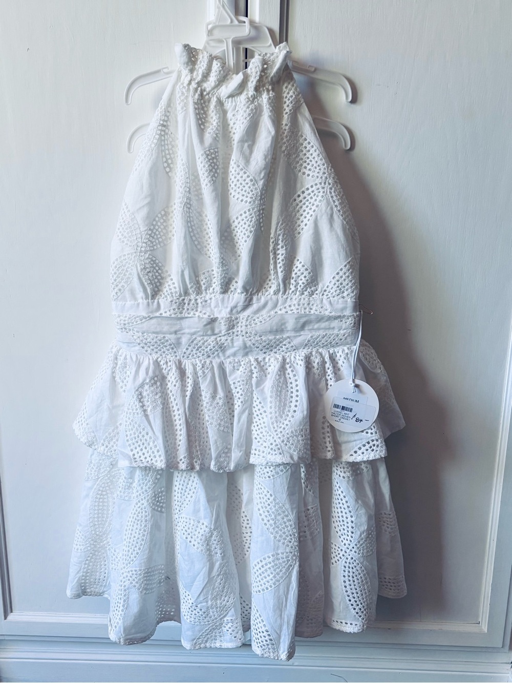 Luxxel White Eyelet Halter Backless Tiered Ruffle Dress